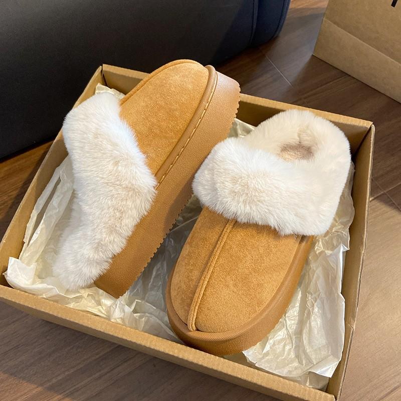 Thick-soled Cotton Slippers Women's Winter 2025 New Fashion Outer Wear Warm Plush Thickened Fluffy Slippers Snow Boots