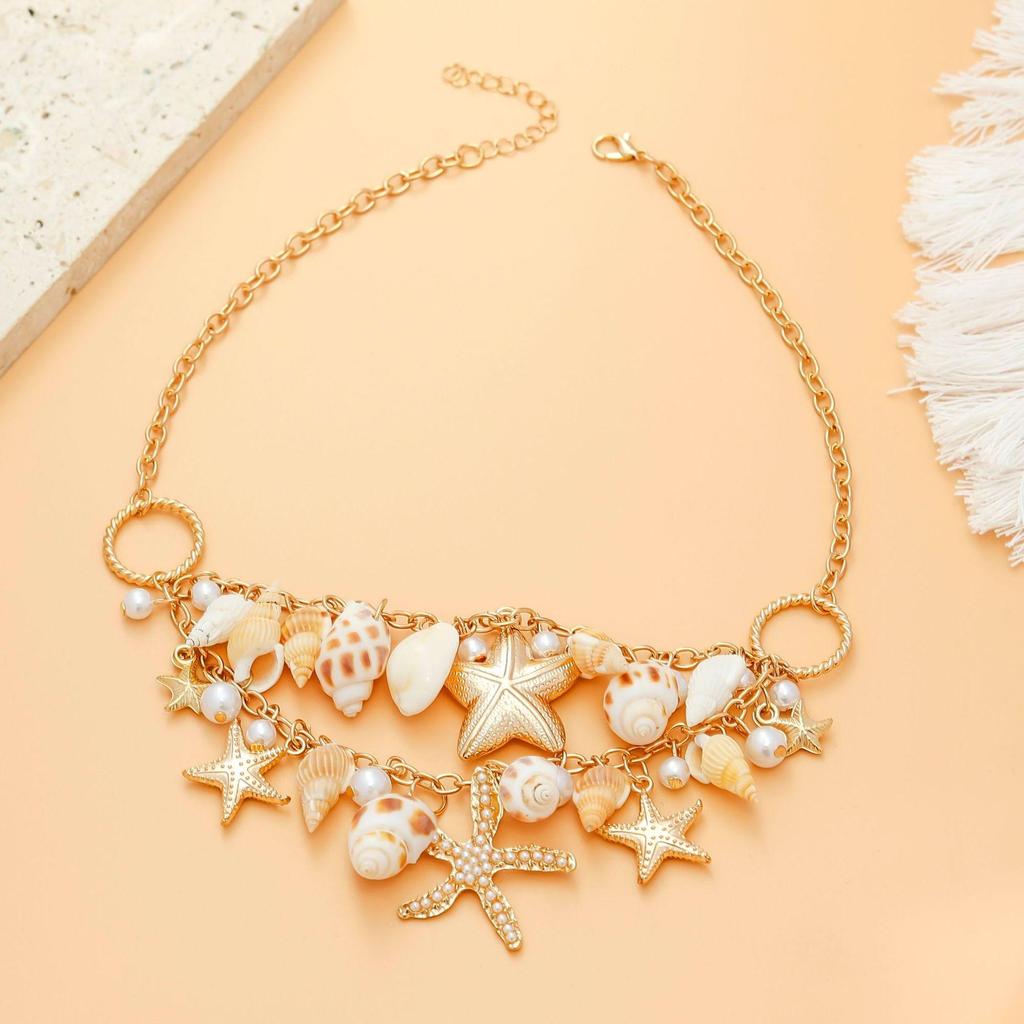 Böhmisches Muschel- & Seesternschmuck-Set: Perlenkette & Armband für Damen
