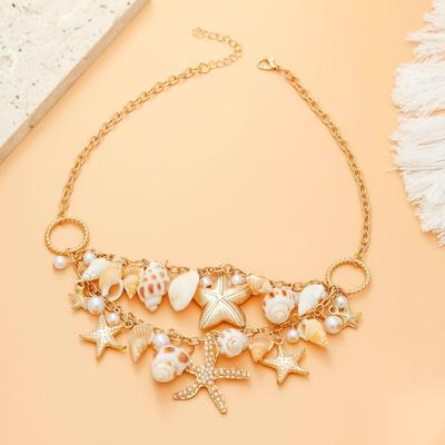 Böhmisches Muschel- & Seesternschmuck-Set: Perlenkette & Armband für Damen