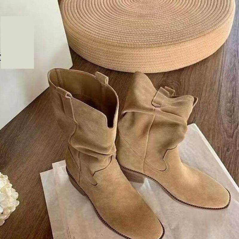 Autumn Western Folded Short Single Boots Women's Stacking Boots Retro Small Height Increasing Medium Boots Fashion Boots