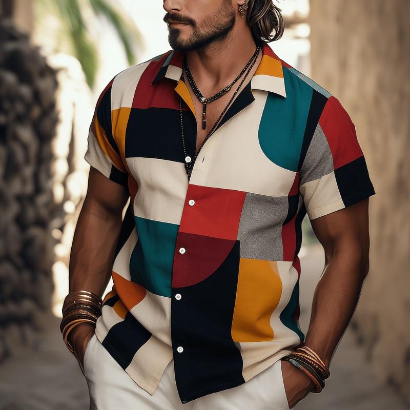 

Men s Ethnic Tribal Geometric Print Short Sleeve Shirt, Vintage Pattern Button Down for Spring Summer Casual 5XL