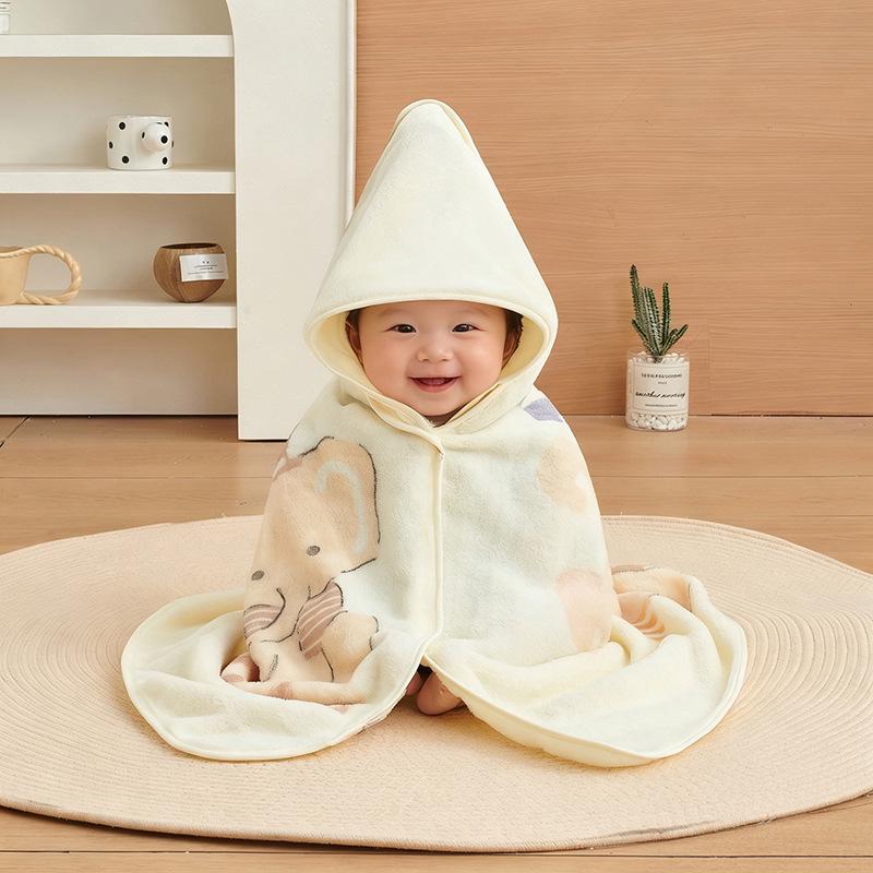 Cartoon Hooded Baby Swaddle & Bath Towel - Coral Fleece, Absorbent, Embroidered, Newborn To Toddler
