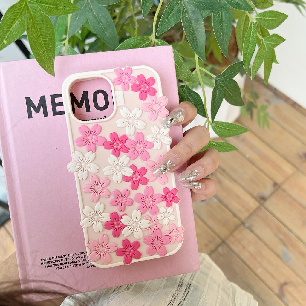For iPhone 15 Silicone Case 3D Cherry Blossom Pattern Shockproof Phone Cover