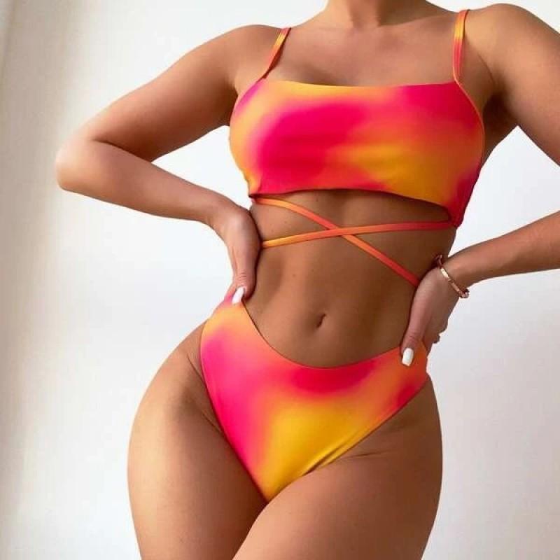 Womens Tie-Dye Print Adjustable Backless 3-Piece Bikini Set With Padded Cups Pool Beach Vacation Swimwear