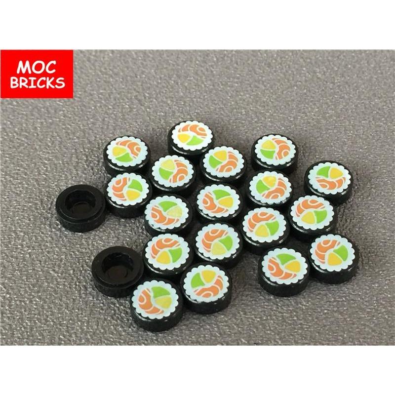 100pcs/lot MOC Bricks Tile Round 1 X 1 with Sushi Salmon Maki Roll Pattern Fit with 98138pb038 Building Blocks DIY Toys Gifts
