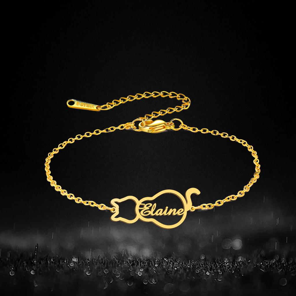 Lemegeton Personalized Name Bracelets Custom Cat Pendant for Women Child Stainless Steel Jewelry Bracelet Family Birthday Gifts
