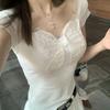 Bow Pure Desire One-word Mesh Lace Short-sleeved T-shirt for Women Summer New White Slim Square Neck Hot Girl Top