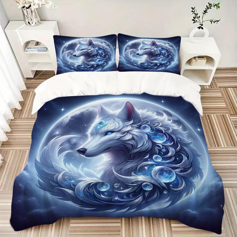 3pcs Enchanted Moonlit Wolf Bedding Set - Includes 1 Quilt Cover and 2 Pillowcases, Comfortable Bedding with Stylish Design for Bedroom, Machine