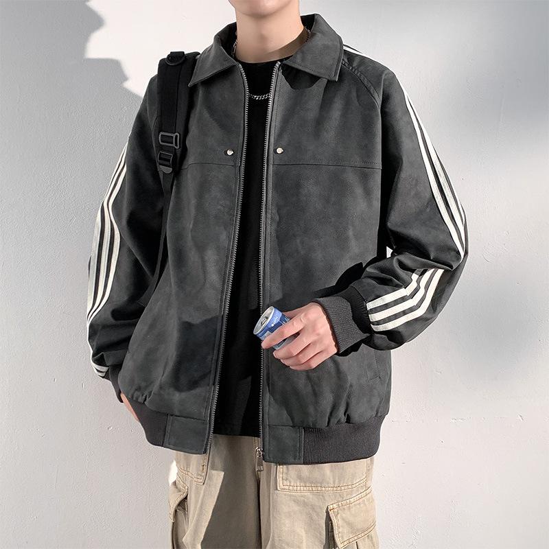 

Autumn New Jacket Men s Fashionable Lapel Three-bar Top Jacket Men s 3XL серый