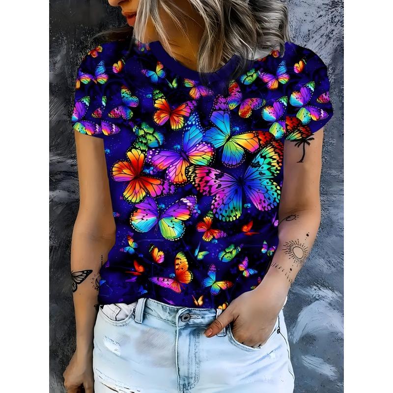 

Women s Tee - Rainbow Butterfly Pattern Graphic, Vibrant Colorful Insect Design for Casual Daily Wear XL