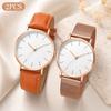 2Pcs Minimalist Lovers Watch Set Slim Round Dial Mesh & Leather Strap Quartz Wrist Watch Elegant Daily Business Couple Watch