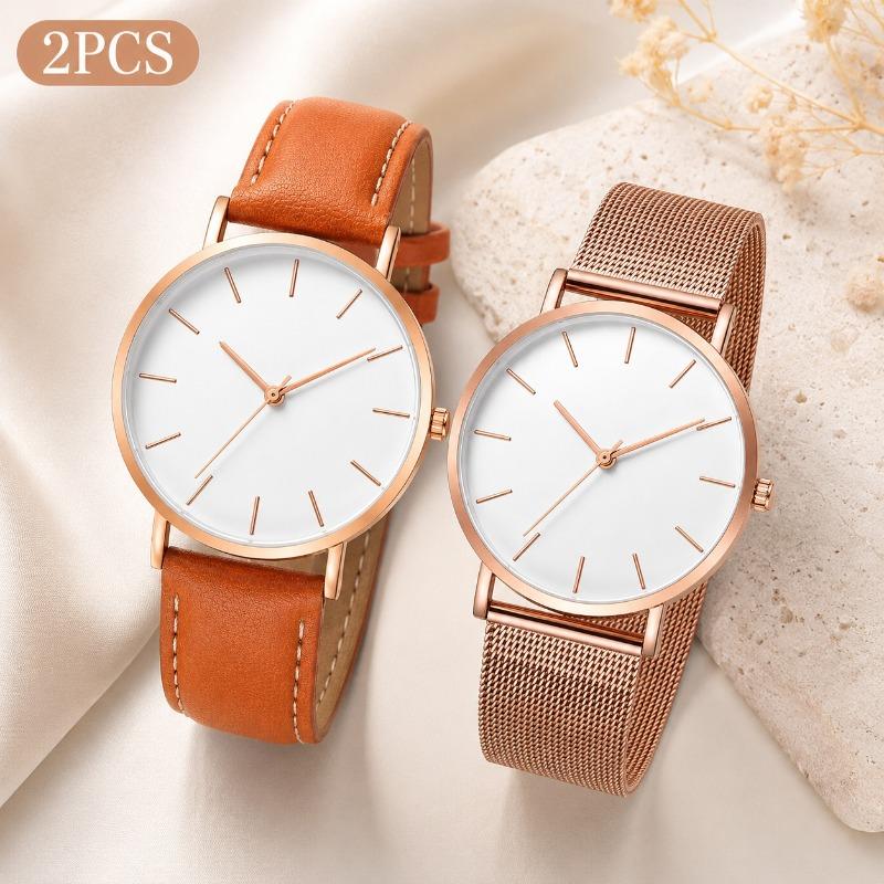2Pcs Minimalist Lovers Watch Set Slim Round Dial Mesh & Leather Strap Quartz Wrist Watch Elegant Daily Business Couple Watch