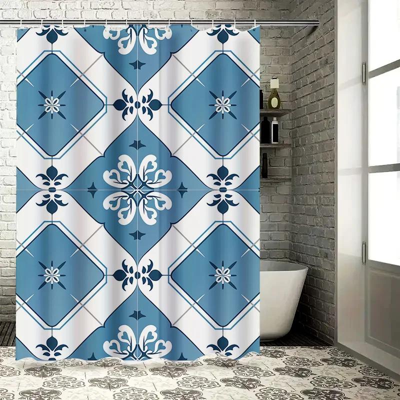 Classic Blue White Ceramic Tile Pattern Shower Curtain Decorative Bath Waterproof Fabric 180X240Cm Home Accessories