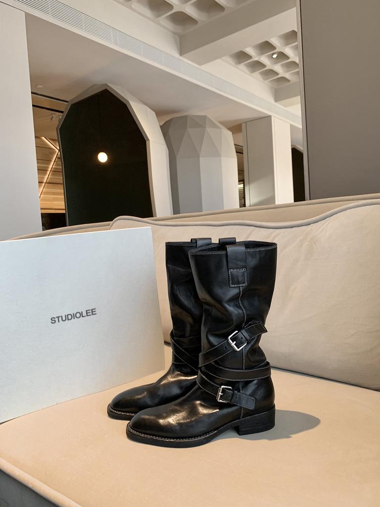 Cowhide~ grape ma same height increase 4cm round head thin boots belt buckle Kusa medium motorcycle boots knight boots