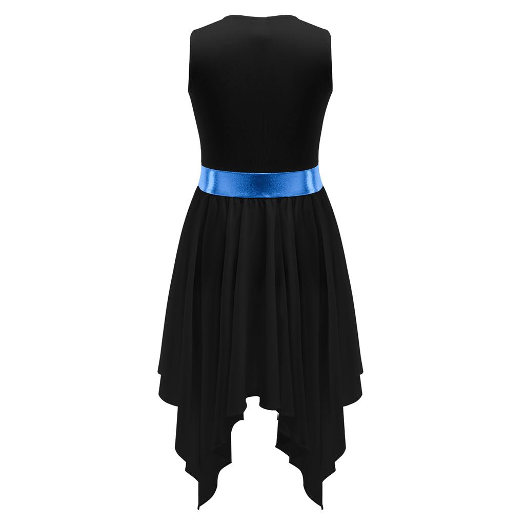 Girls Sleeveless Round Neck Asymmetrical Lyrical Dance Dress Contrast Color Ballet Costume