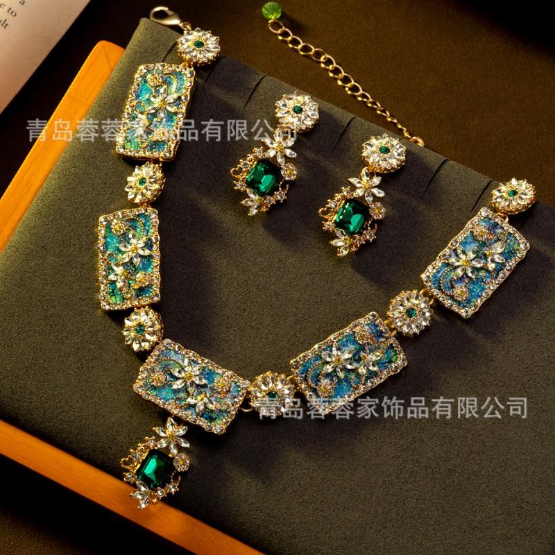Socialite Temperament Grandmother Green Water Necklace Earring Set Light Luxury Fashion High-end Elegant Accessories Cross-border