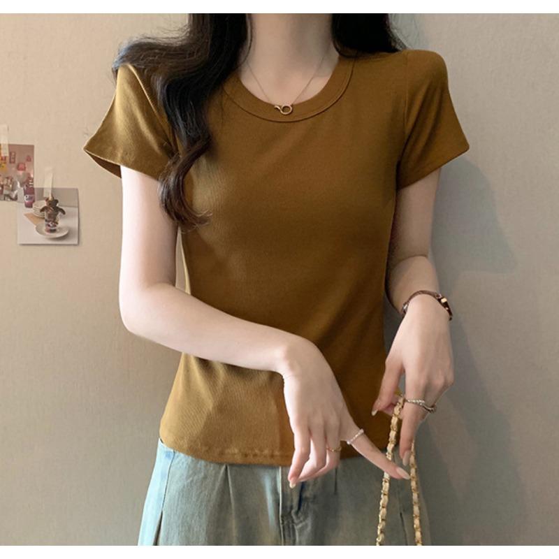 

Летняя хлопковая нить спереди плечо короткий рукав футболка для женщин, тонкий женский футболка короткий тонкий модный топ замедляющий старение 2XL