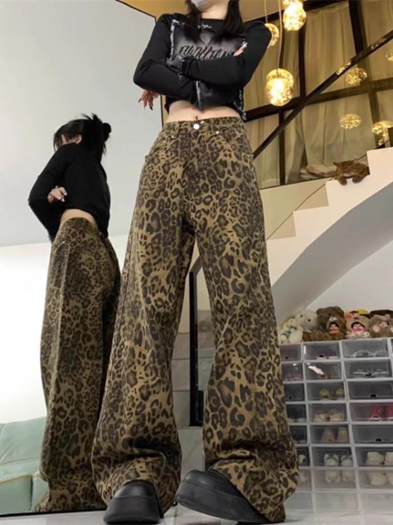 Leopard print denim jeans casual vintage style boyfriend wide-leg pants