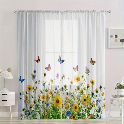 2pcs Sunflower Pattern Semi-sheer Curtains Decorative Window Drapes Window Treatments For Bedroom Living Room Home Decoration