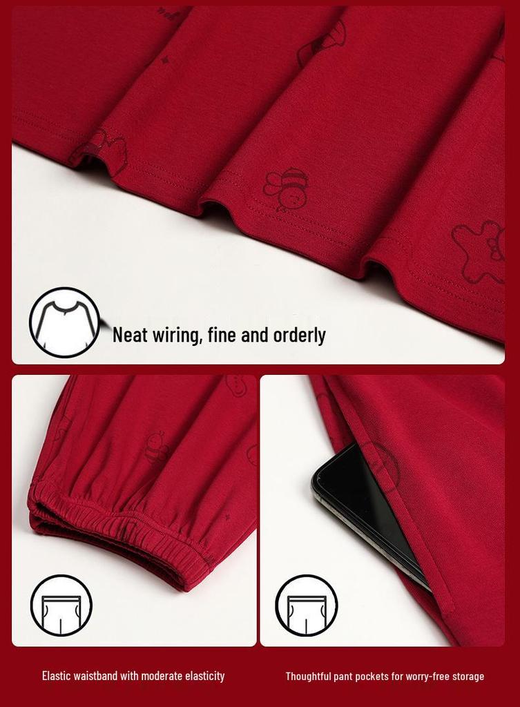 Newlywed Couple Red Cotton Pajama Set: Long Sleeve, Festive, Plus Size, Men's and Women's Home Wear for Spring and Autumn