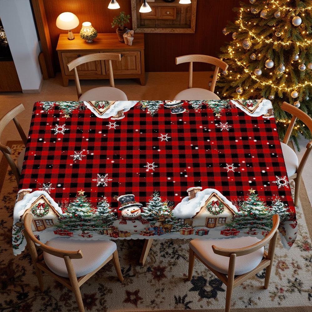 Creative Christmas Round Tablecloth Red And Black Plaid Snow Print, Snowman Christmas Tree Pattern Dining Table Coffee Table Table Flag