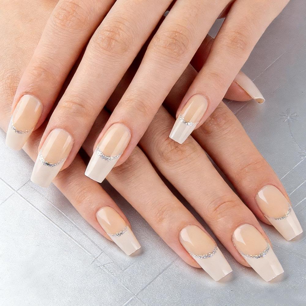 24-Piece Silver Glitter French Wearable Nails: European & American Style Press-On False Fingernails