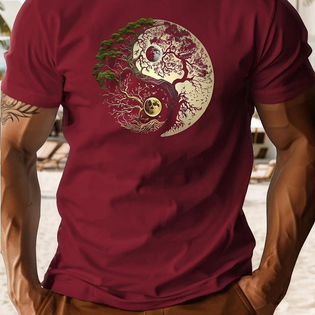 Men's summer casual loose sports yin-yang tree pattern print round neck short sleeved T-shirt top