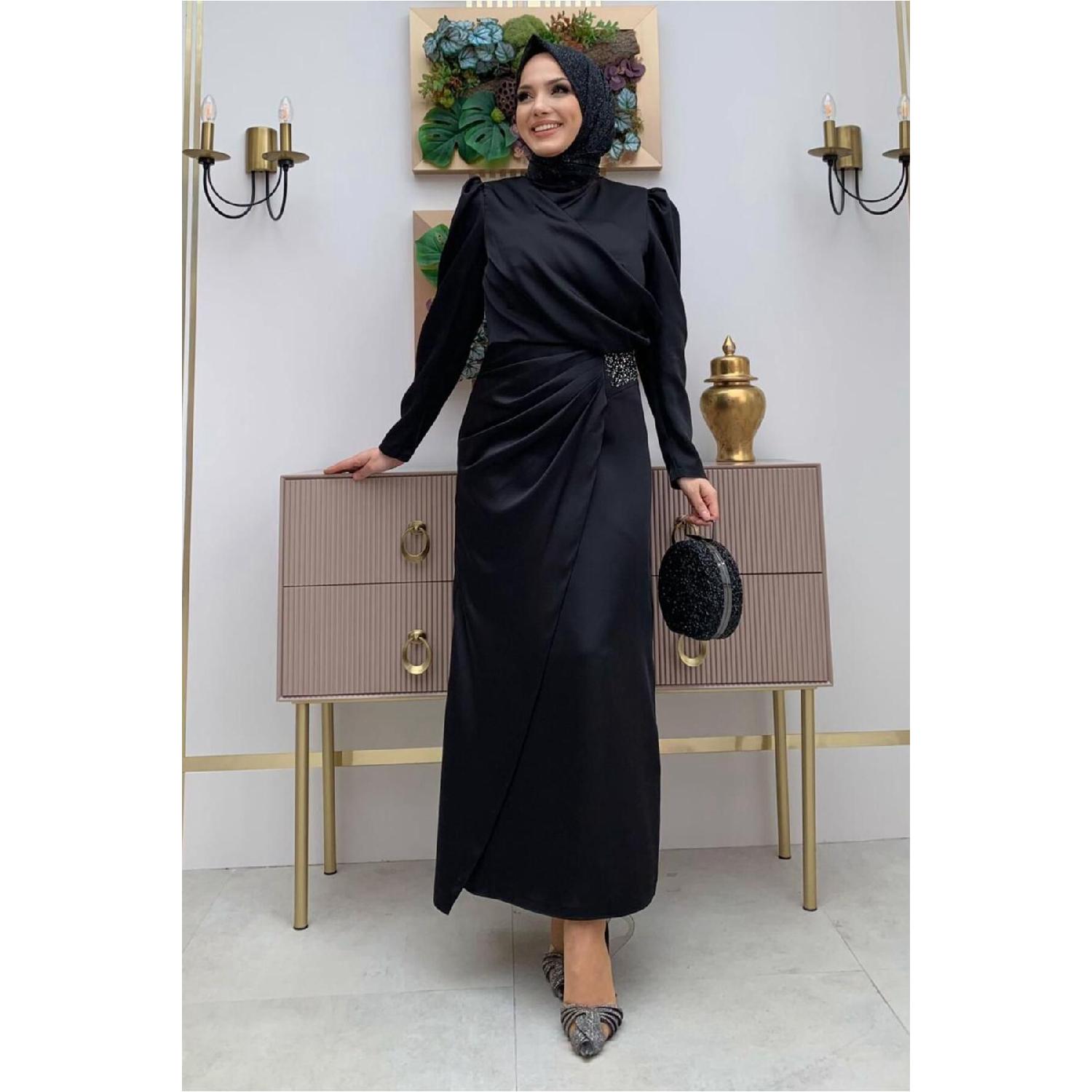 

Women s Black Stone Detailed Gathered Evening Dress T 6873 38 чорний