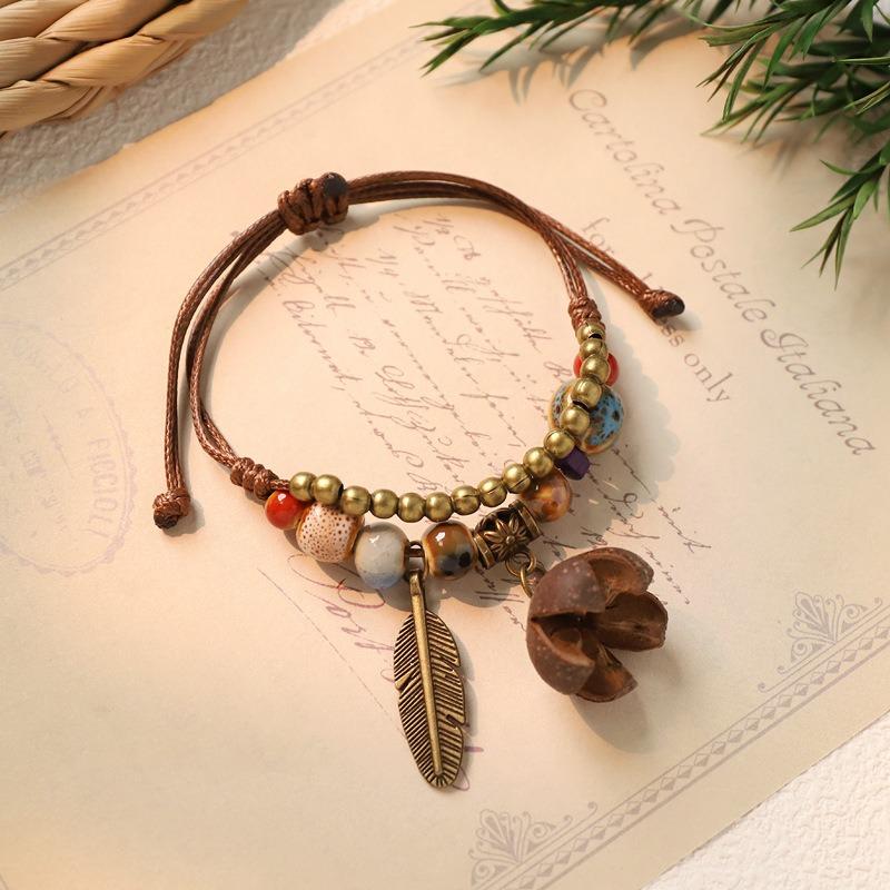 Hand woven ceramic plant acorn bracelet natural fruit hand rope retro literary bracelet women