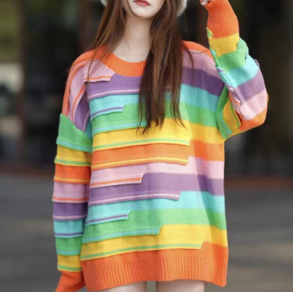 Lazy Wind Rainbow Contrasting Color Knitted Sweater Women's Autumn and Winter New Loose Casual Striped Pullover Sweater Women