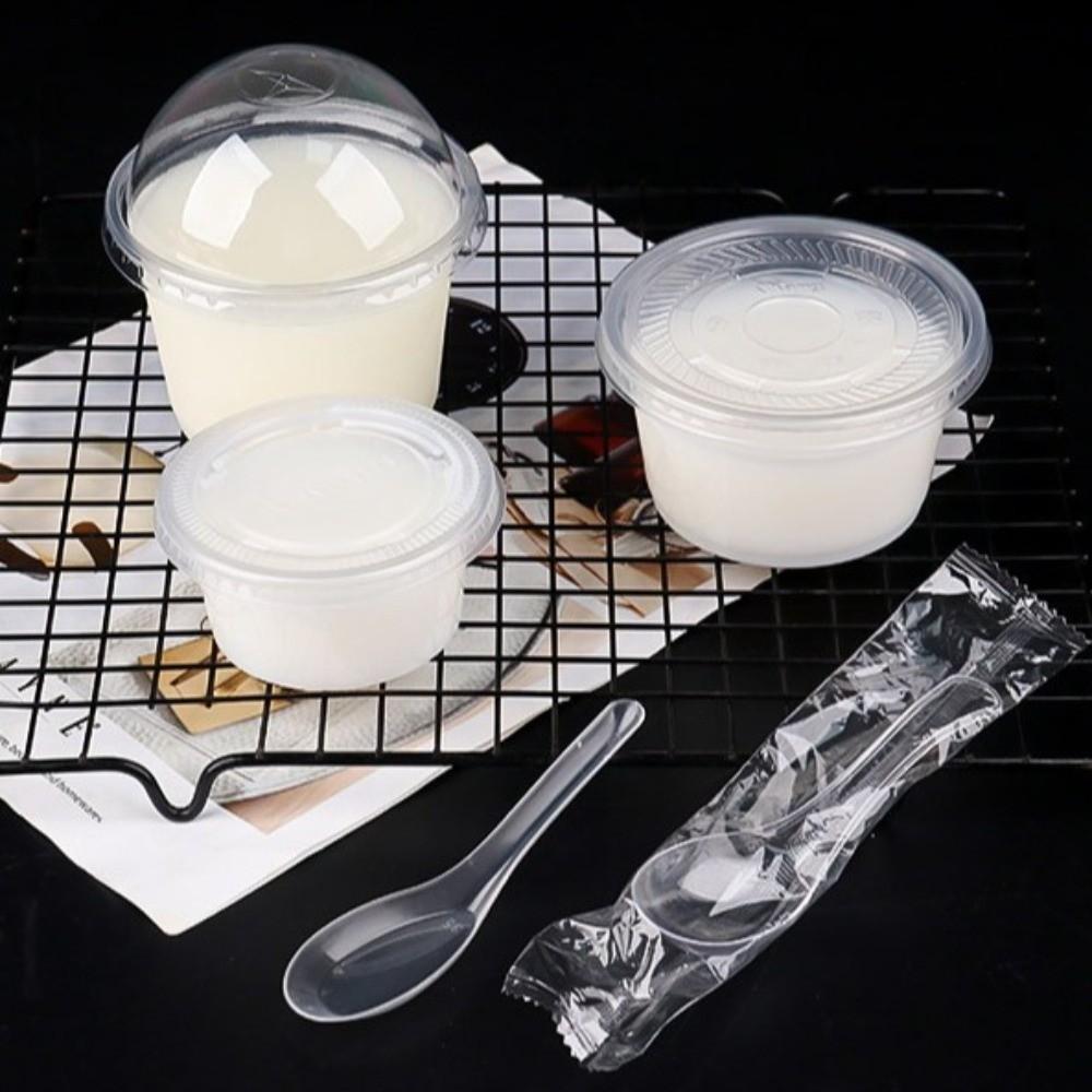 100pcs Leakproof Disposable Cups with Flat Lids Clear Pudding Bowl Ice Cream Container Party Use