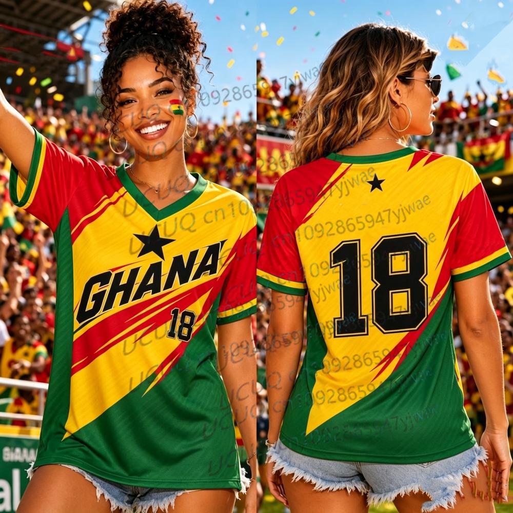 T-shirt Estiva Unisex con Stampa GHANA, Scollo a V, Manica Corta, Grafica, Maglie Taglie Forti, T-shirt Sportiva, Fan di Calcio
