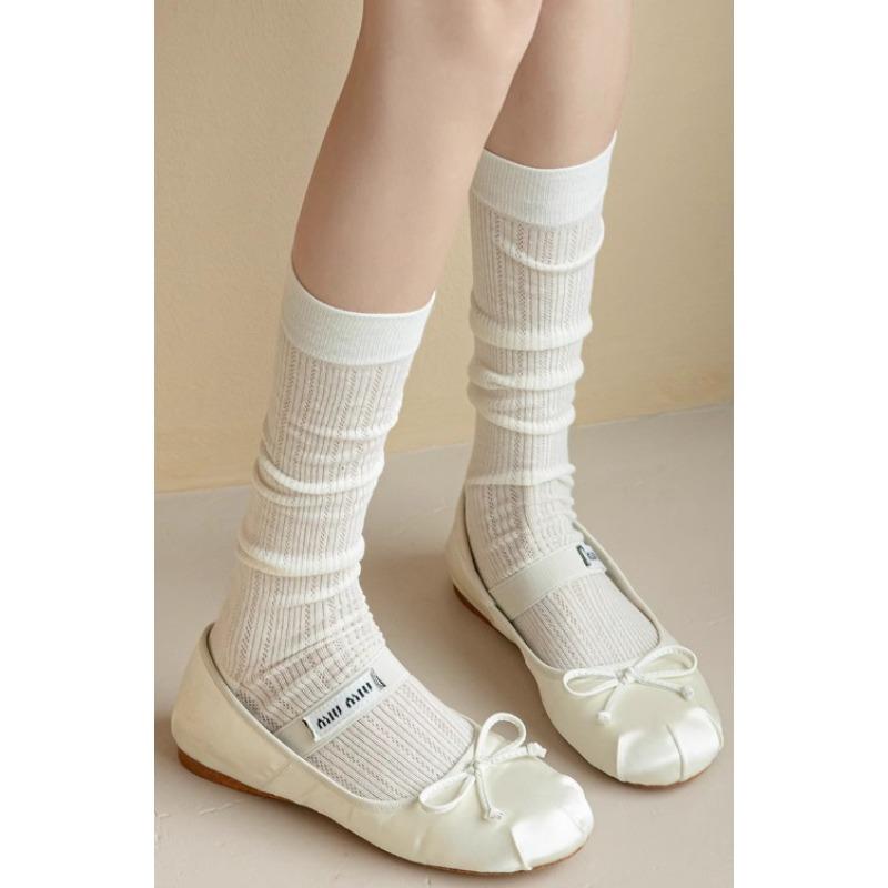 Female Summer Thin Vertical Hollow Out Solid Color Calf Pile Socks