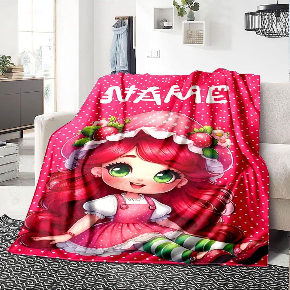 Strawberry Shortcake Character With Red Hair And A Pink Dress On A Polka Dot Background With The Word Above Her Throw Customizable Blanket
