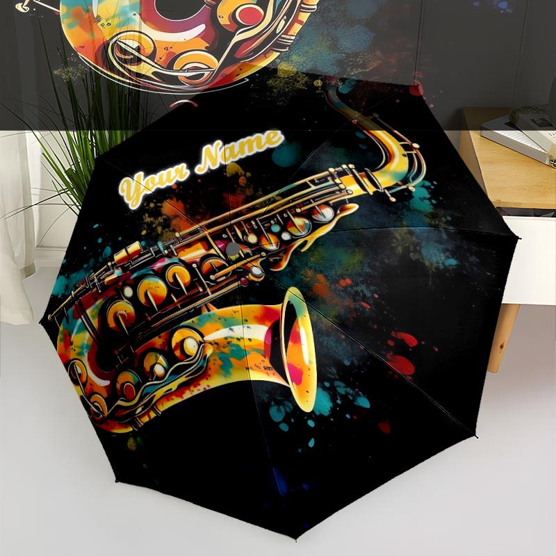 1PC Custom Name Colorful Saxophone Art Automatic Folding Umbrella Compact Travel Umbrella for Men & Women, Ideal Gift for Christmas, Birthdays, Hallow
