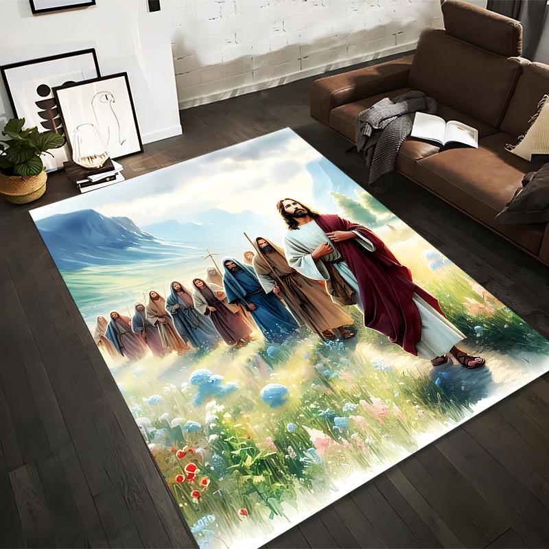 Biblical Scene with Followers on Path, Non-slip rug suitable for living room and bedroom sofas.