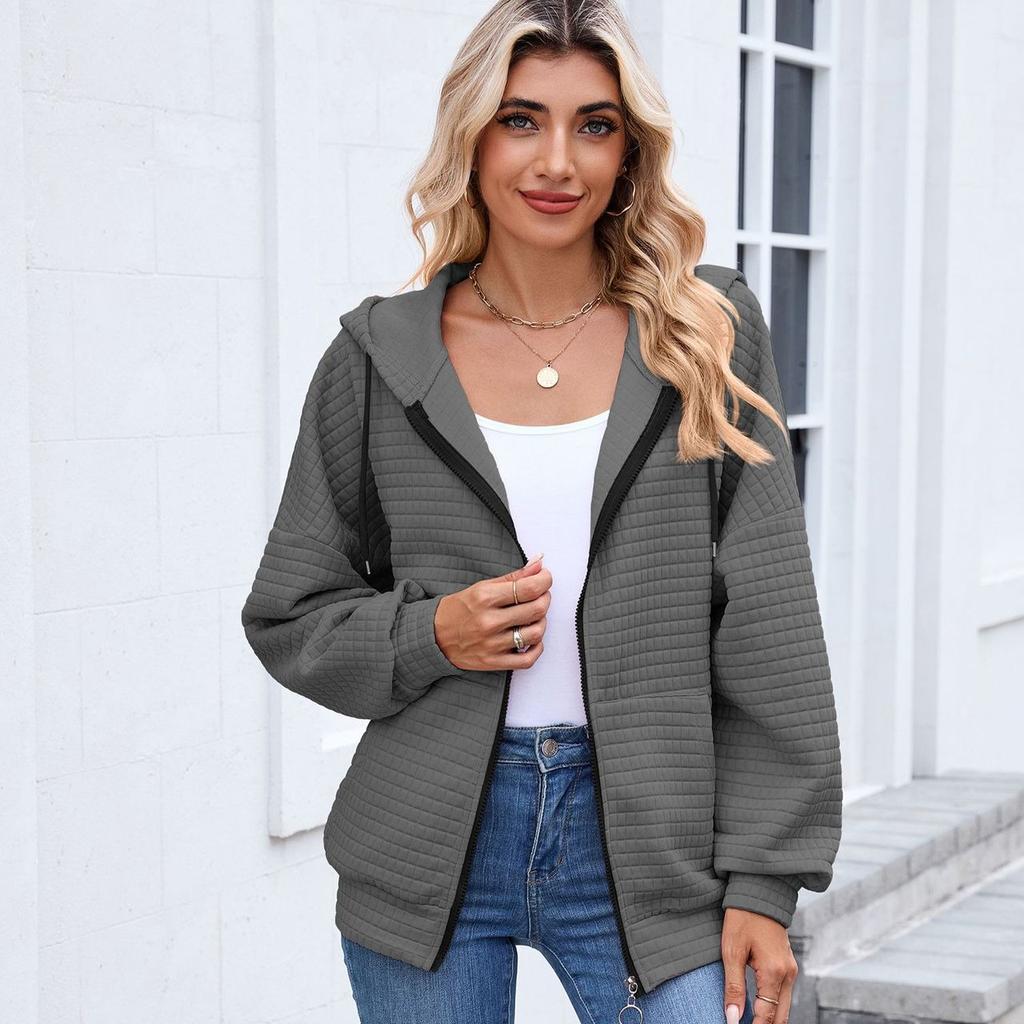 European and American-style Women's Solid Color Zip-up Long-sleeve Hooded Sweatshirt/jacket for Fall and Winter
