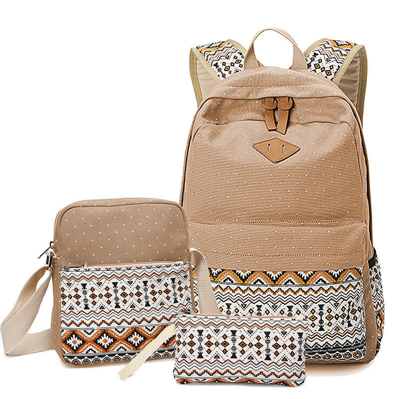 SUNBORLS Canvas Backpack Women's Bag Women's Ethnic Style Backpack Casual Student Schoolbag Diagonal Bag Pen Bag Three-piece Set