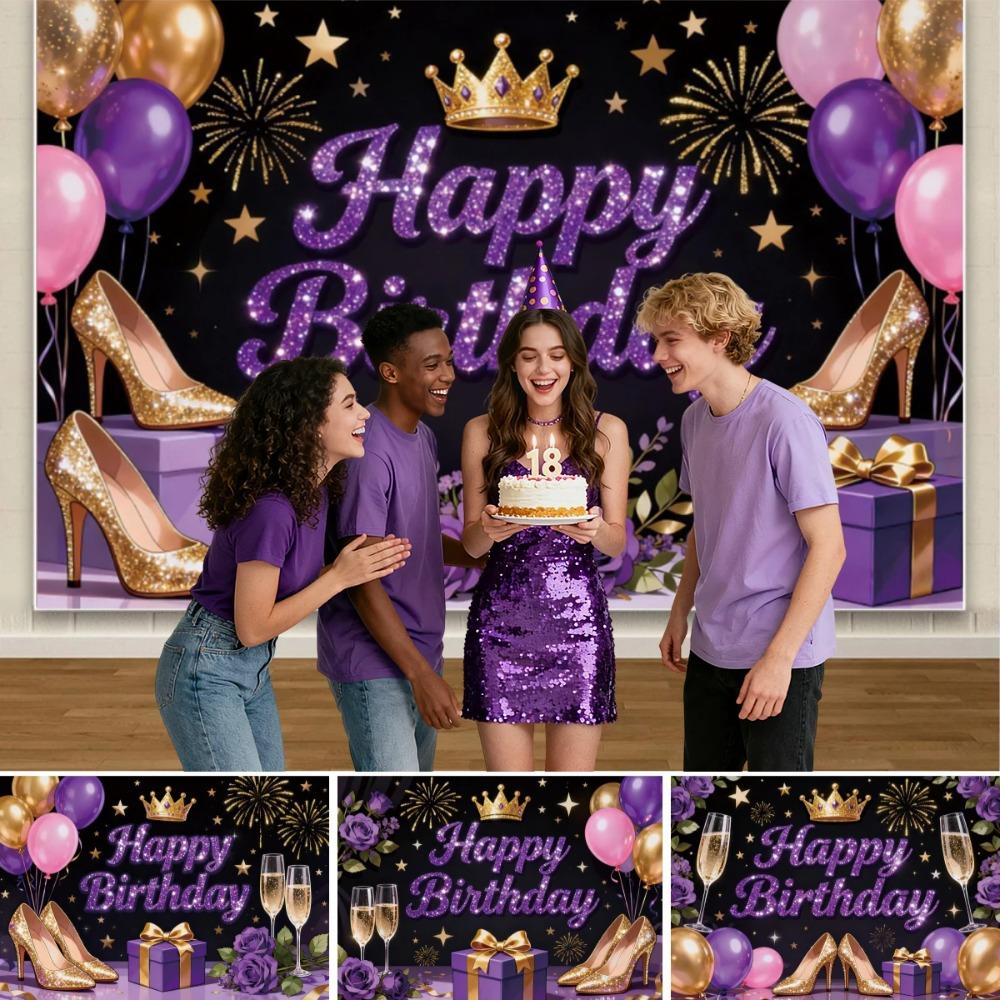 Purple Gold Birthday Party Decoration Photography Background, 18th Birthday Party Decoration Banner Photography Studio Backdrop