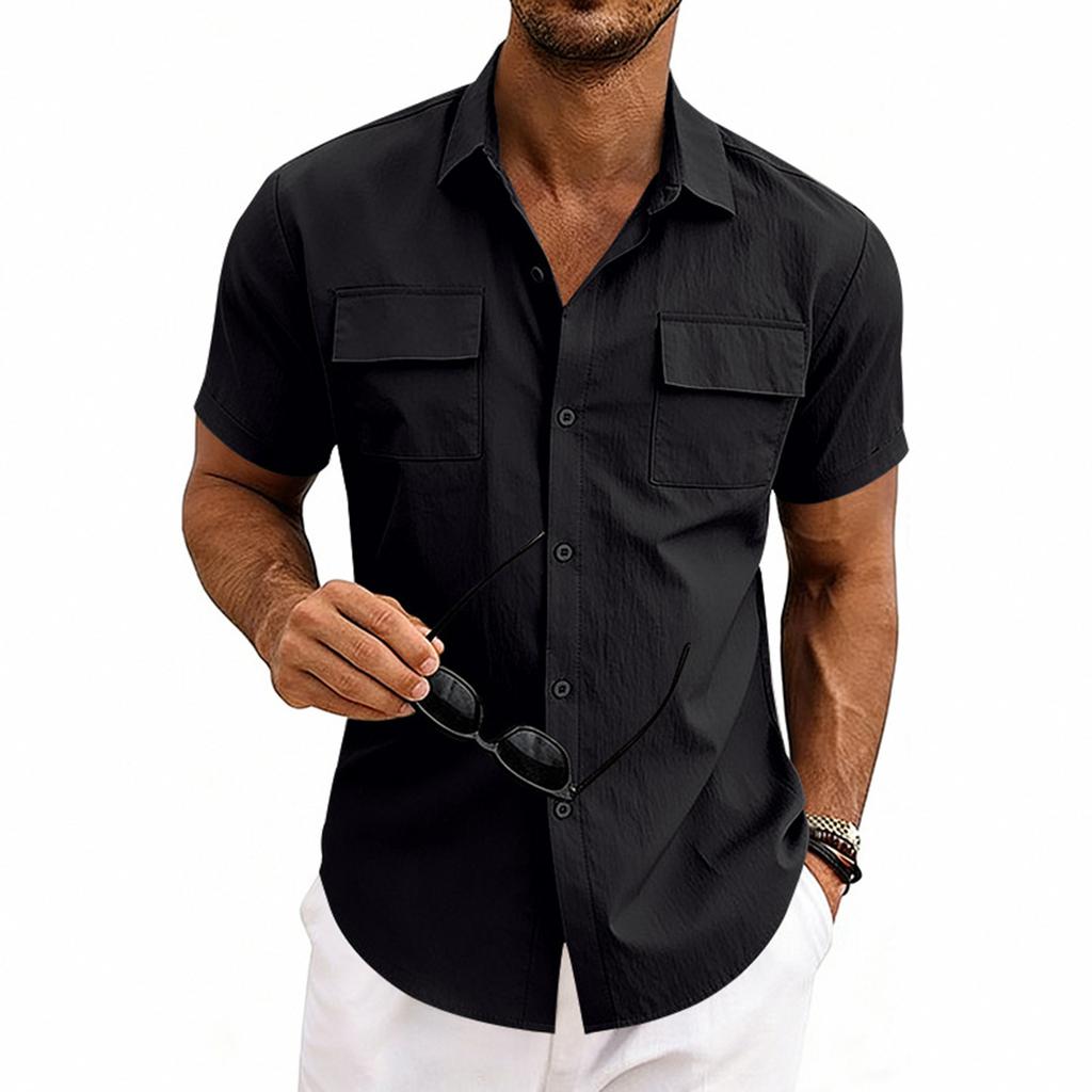 Camisa Casual Masculina de Manga Curta com Bolso e Colarinho