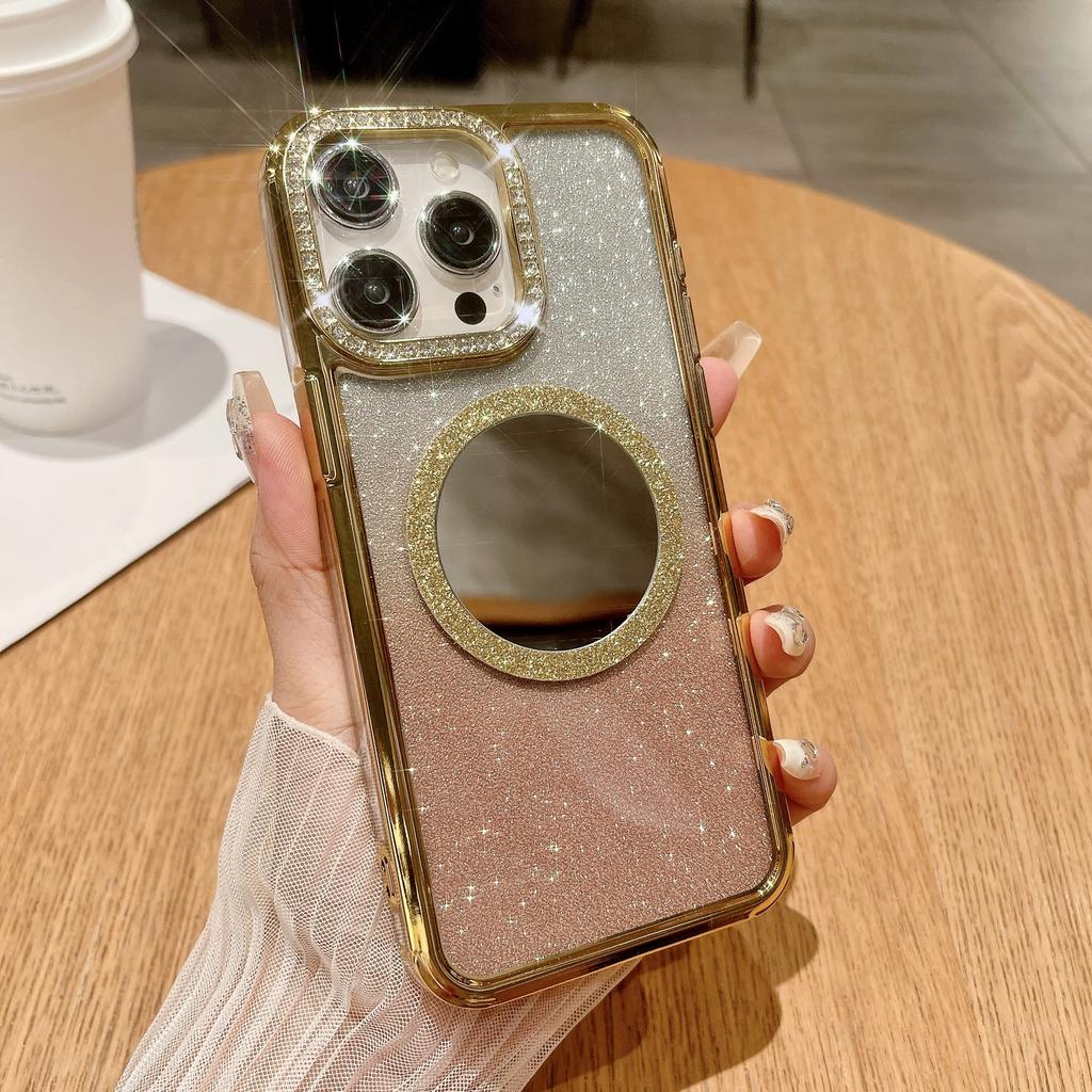 Luxurious Water Diamond Is Suitable for IPhone15 Phone Cases, Apple 14Promax Mirror Magnetic Attraction 13 Gradient Glitter Hard Case