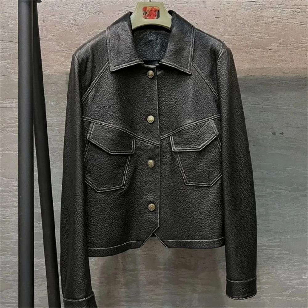 Abrigo de Bicicleta Marrón de Gama Alta para Mujer, Ropa Exterior de Cuero PU, Conjunto de Botones, Moda Femenina Primavera Otoño, Chaqueta Corta Fina para Mujer