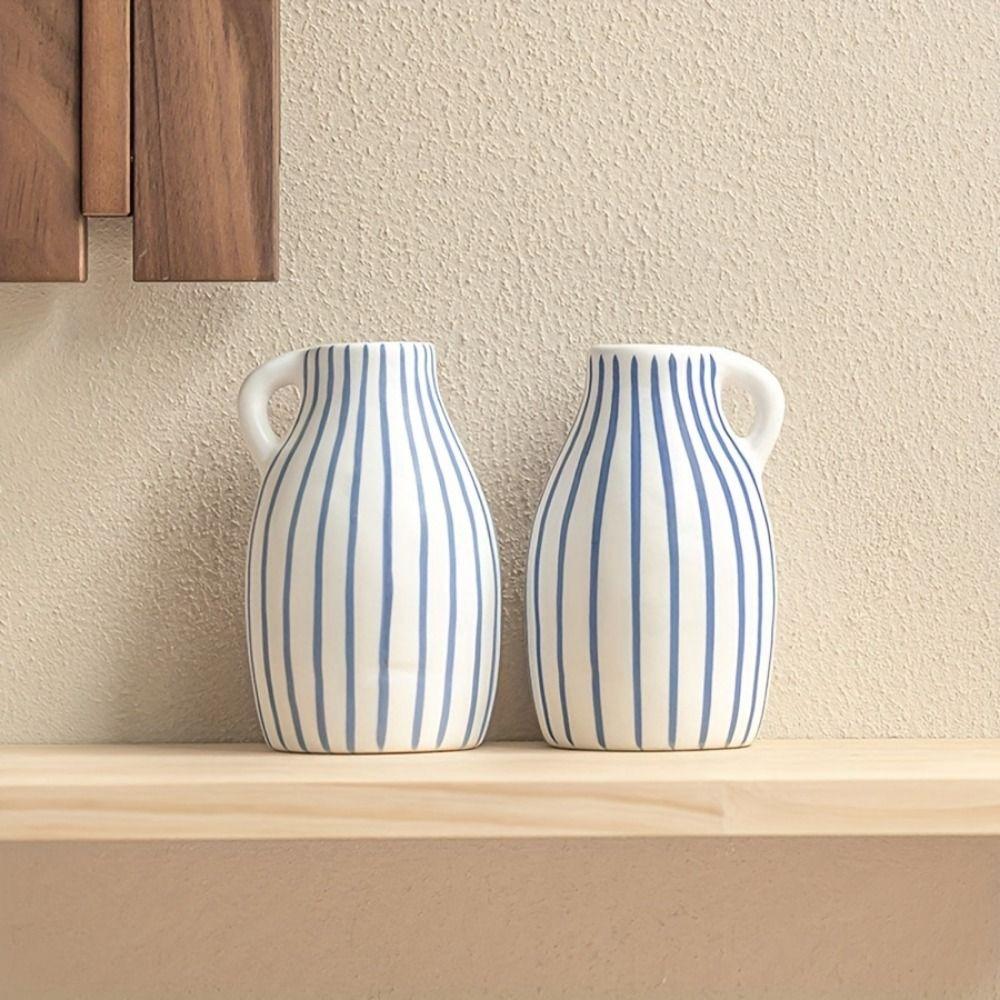 

Mini Blue Striped Flower Vase Cute Ceramic Vase Ornaments Creative Hydroponic Plant Vase Tabletop Blue Striped
