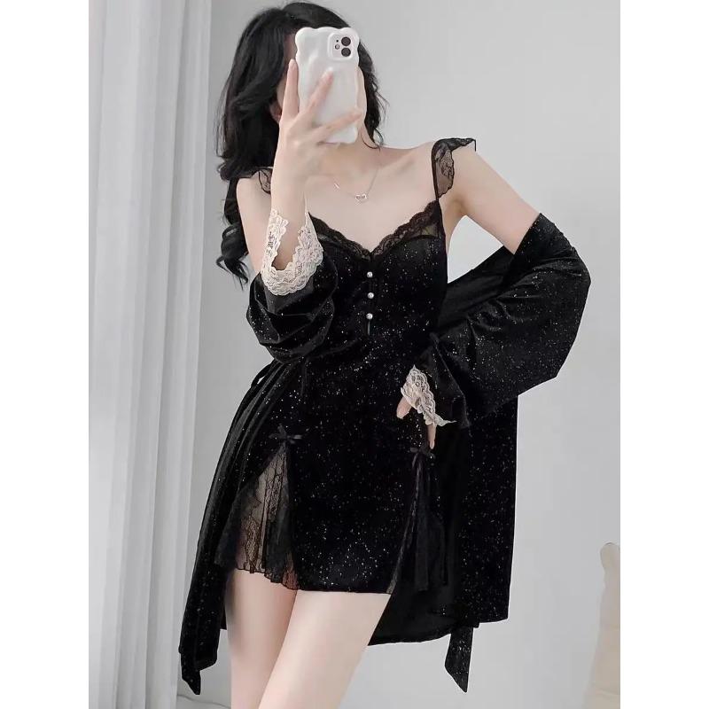 Sexy Lace Nightgown Set, Velvet Pajamas, Pajamas, Autumn and Winter Kimono Bathrobes, Velvet Home Clothes, Home Clothes