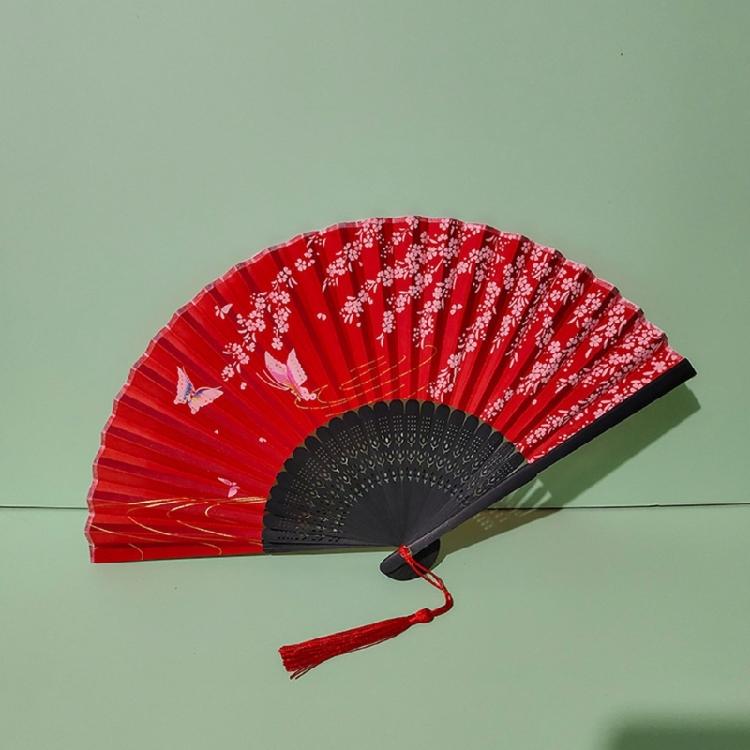 Folding Hand Fan with Tassels for Women Prom Parties Flower Butterfly Pattern Chinese Traditional Hand Fan for Collector