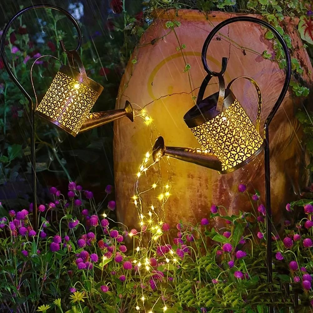 Solar Watering Can Light Retro Metal Lantern Outdoor Waterproof Shower Lights Hanging Star LED Fairy for Garden Decoration Pond