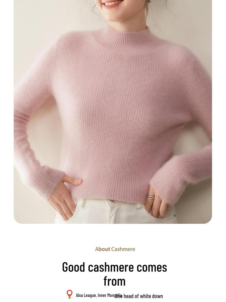 Damen Schlank Geschnittener Rippstrick Kaschmirpullover - Halber Rollkragen, Einfarbige, Perfekt für Herbst & Winter.