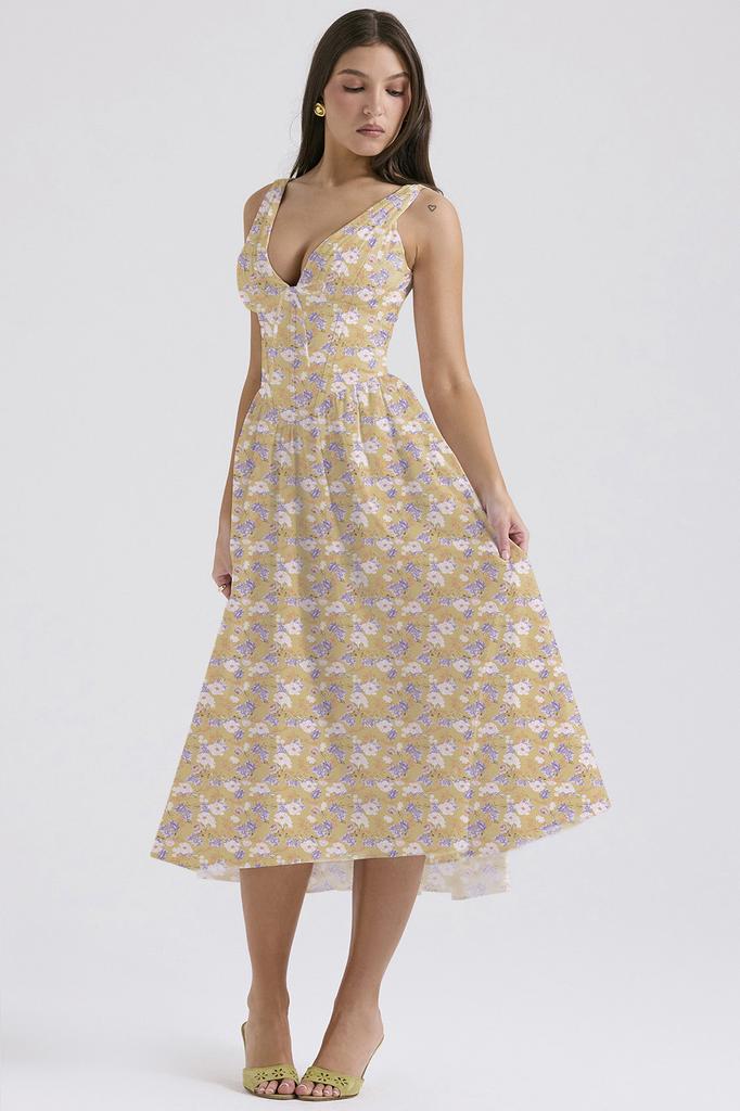 2026 summer new slim-fit suspender long dress style fashion printing V-neck temperament dress