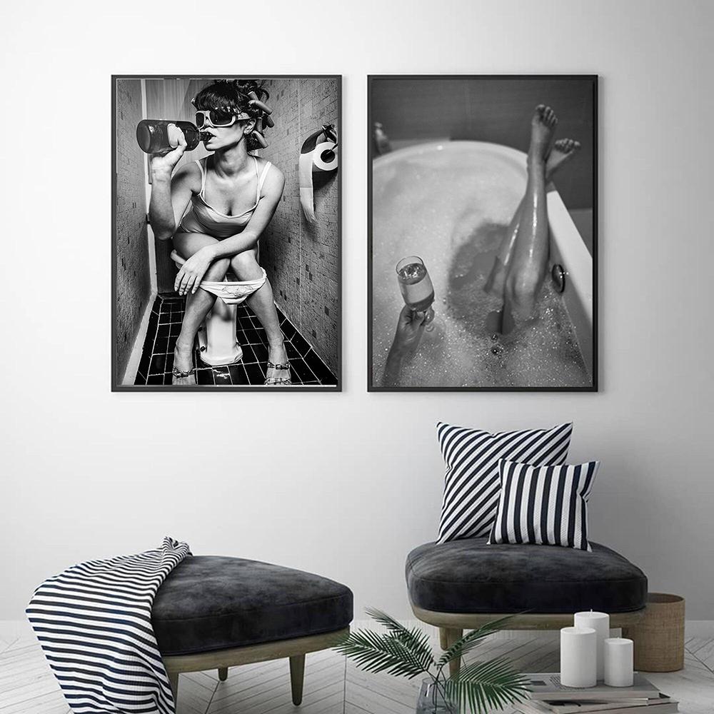Toaletă modernă, femeie sexy, imprimeuri pe pânză, bar, fată, băutură, baie, afișe, modă, negru, alb, şampanie, pictură, decor