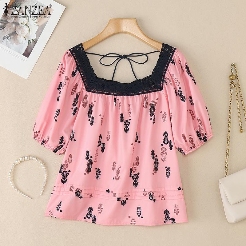 ZANZEA Women Summer Lace Splice Square Collar Short Sleeve Print Blouse